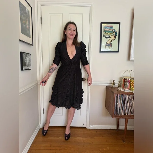 70s Vintage Fredrick’s of Hollywood Polkadot Dress with Puff Shoulders - Picture 1 of 7